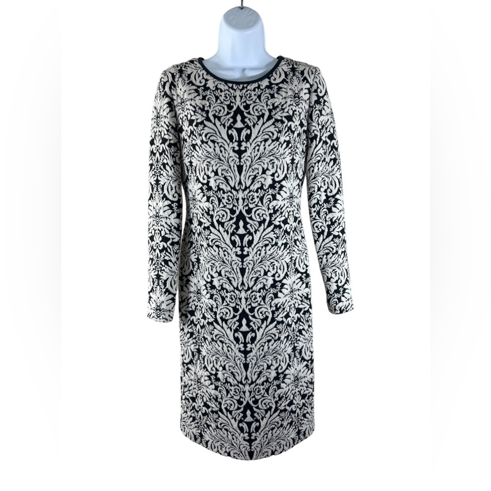 Vince Camuto Jacquard Print Long Sleeve Sheath Dress Black/Cream Size 2